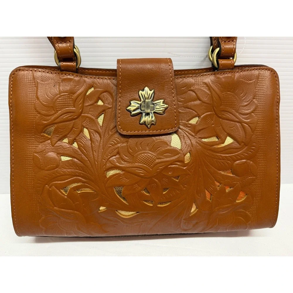 Patricia Nash Rosina‎ Tooled Metallic GOLD LEATHER  Satchel PURSE Tan NWT